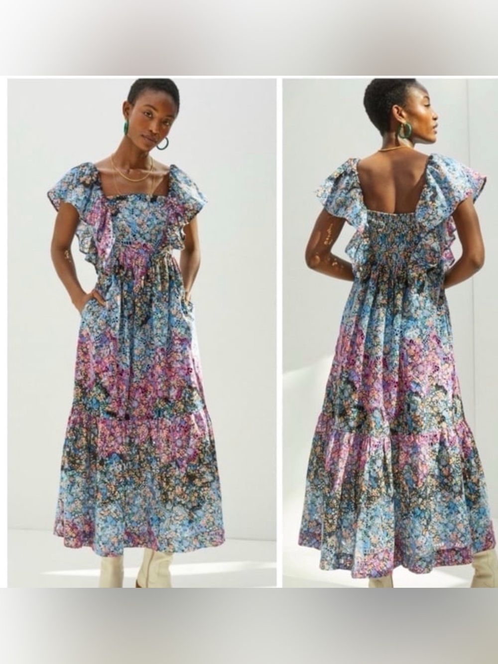 Anthropologie NWT Clementina Floral Ruffle Maxi Dress in Blue & Pink